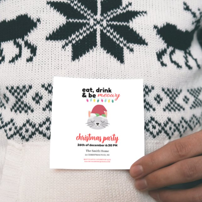 Eat Drink and be Meowy Cartoon Santa Cat Christmas Invitation (Creator Uploaded)