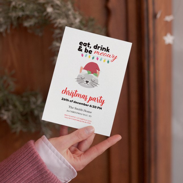 Eat Drink and be Meowy Cartoon Santa Cat Party Invitation (Creator Uploaded)