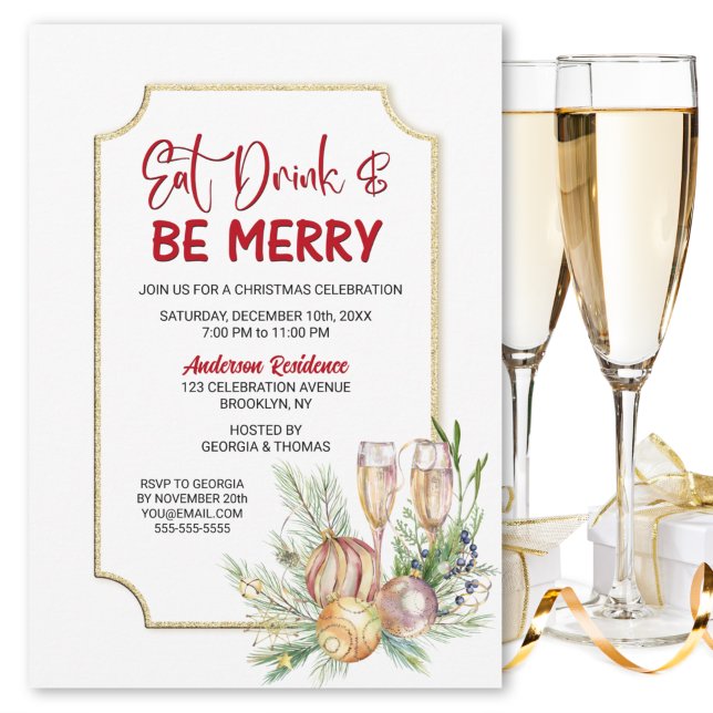 Eat Drink and Be Merry Champagne Christmas Party Invitation (Creator Uploaded)