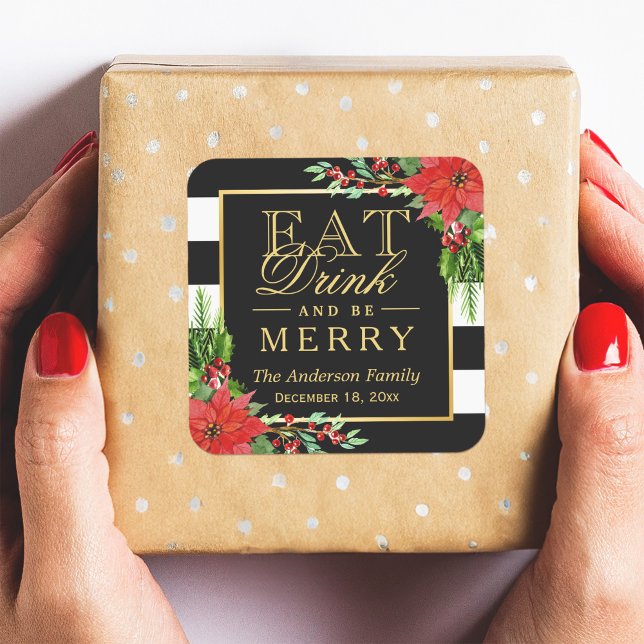 Eat Drink and Be Merry Christmas Gold Lettering Square Sticker (Creator Uploaded)