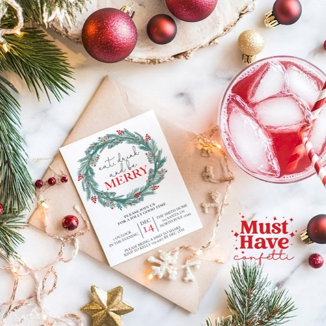 Eat, Drink and Be Merry Christmas Party Potluck  Holiday Card (Creator Uploaded)