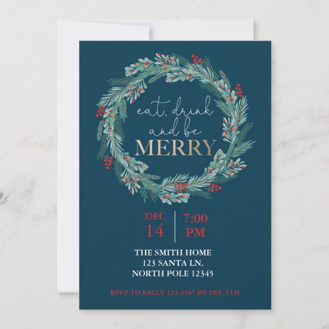 Eat, Drink and Be Merry Christmas Party Potluck  I Invitation (Front)