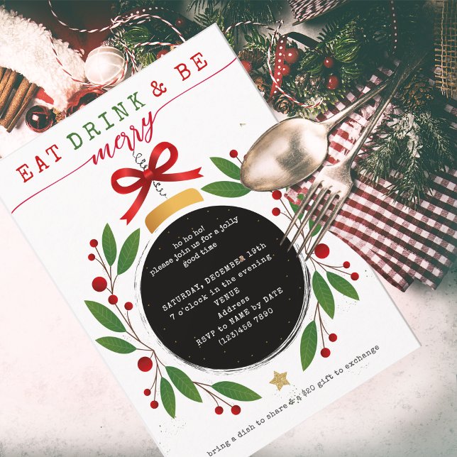 Eat Drink and Be Merry Christmas Party Potluck Invitation (Modern Eat Drink and Be Merry Christmas Bauble Potluck Invitation Church Family Office Xmas Parties)