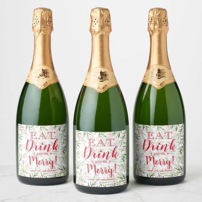 Eat Drink and Be Merry Christmas Sparkling Wine Label (Bottles)