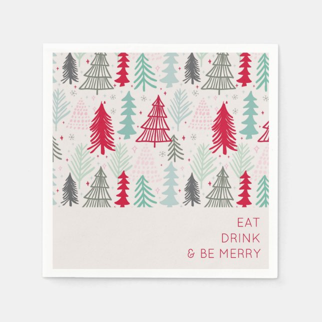 Eat Drink and be Merry Doodle Christmas Trees Napkin (Front)