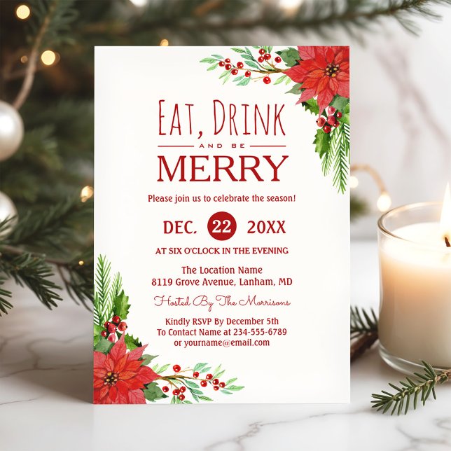 Eat Drink and Be Merry Floral Chic Holiday Party Invitation (Creator Uploaded)