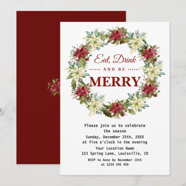 Eat Drink and be Merry Floral Christmas Party Invitation (Front/Back)
