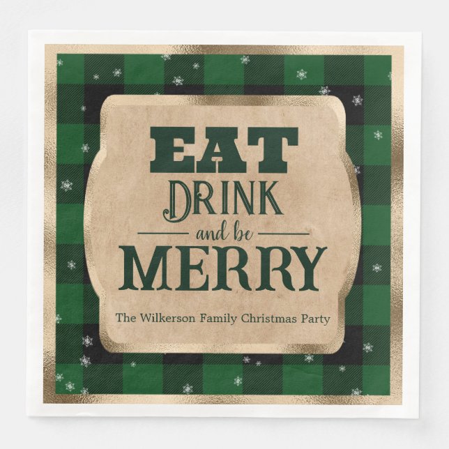 Eat Drink and Be Merry Green Plaid Christmas Napkin (Front)