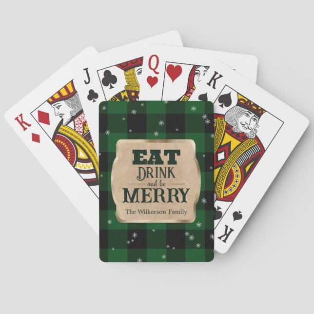 Eat Drink and Be Merry Green Plaid Christmas Playing Cards (Back)