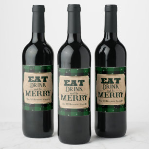 Eat Drink and Be Merry Green Plaid Christmas Wine Label