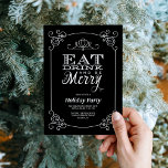 Eat Drink and Be Merry Holiday Party Invitation<br><div class="desc">Modern elegant Christmas holiday party invitation design with whimsical typography that reads Eat,  Drink and Be Merry. Background has a border with vintage scroll corner details. Use the design tools to customise fonts,  move text around and create your own unique one-of-a-kind invitation design.</div>