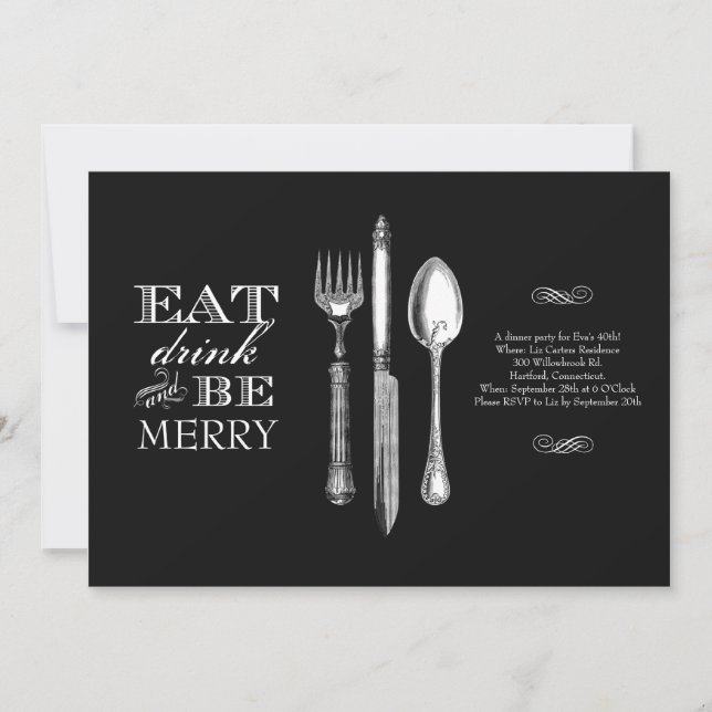 Eat, Drink and Be Merry | Invitation on Black (Front)