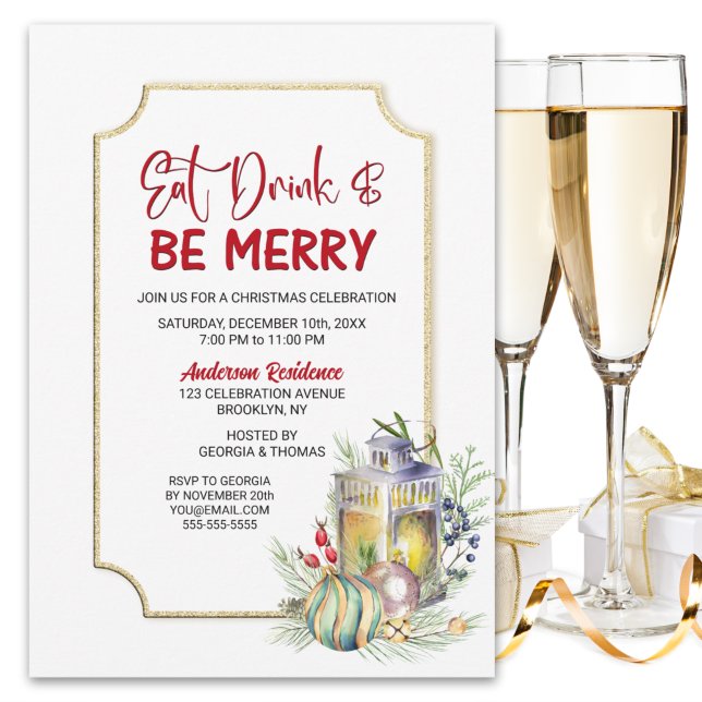 Eat Drink and Be Merry Lantern Christmas Party Invitation (Creator Uploaded)