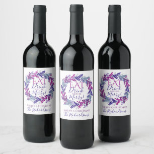 Eat Drink And Be Merry Purple Christmas Wreath Wine Label