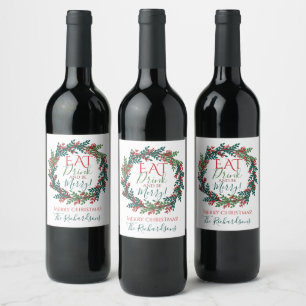 Eat Drink and Be Merry Red Berry Christmas Wreath Wine Label