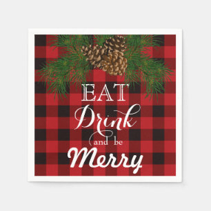 Eat Drink and be Merry, red-black tartan, pinecone Napkin