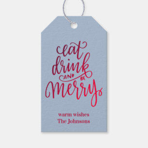 Eat Drink and be Merry Red Ombre Script Blue Grey Gift Tags