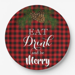 Eat Drink and be Merry, red tartan buffalo  plaid  Paper Plate