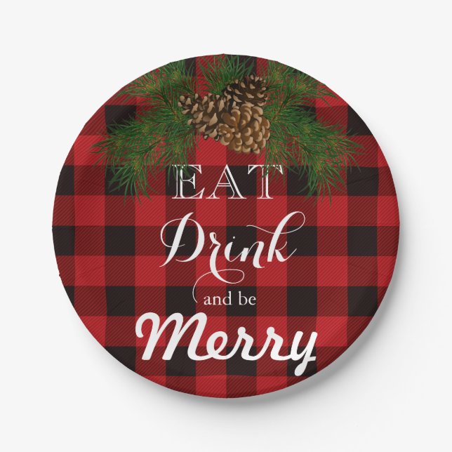Eat Drink and be Merry, red tartan plaid,pine cone Paper Plate (Front)