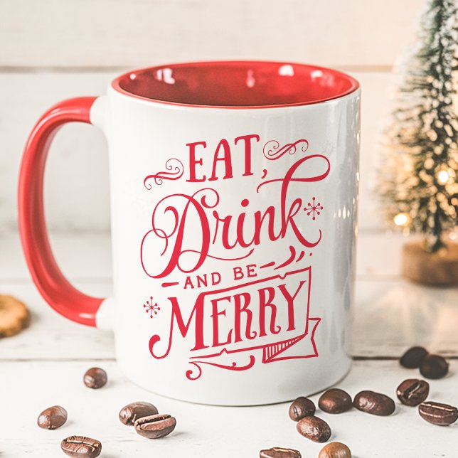 Eat Drink And Be Merry Red Typography Holiday Mug (Creator Uploaded)