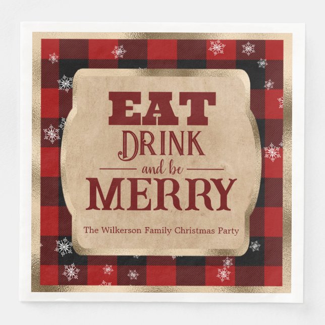 Eat Drink and Be Merry Rustic Red Plaid Christmas Napkin (Front)