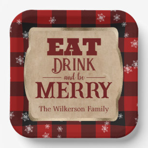 Eat Drink and Be Merry Rustic Red Plaid Christmas Paper Plate