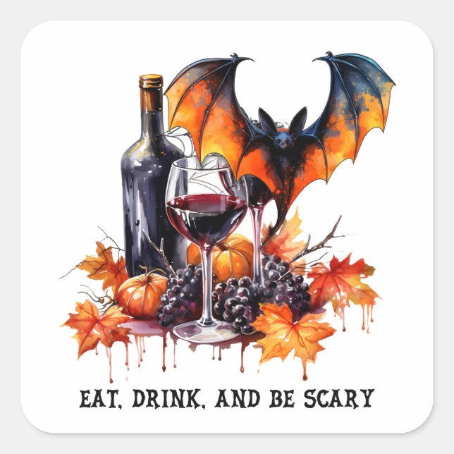Eat Drink and Be Scary Fall Halloween Bat and Wine Square Sticker (Front)