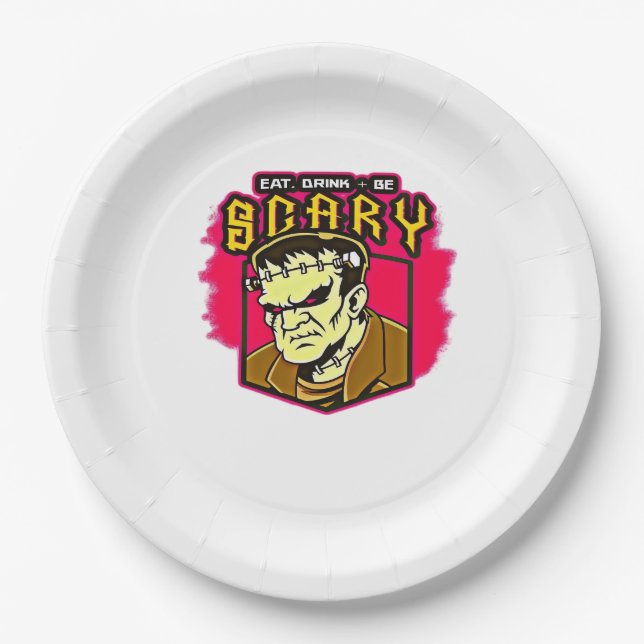 Eat Drink And Be Scary Frankenstein Halloween Crea Paper Plate (Front)