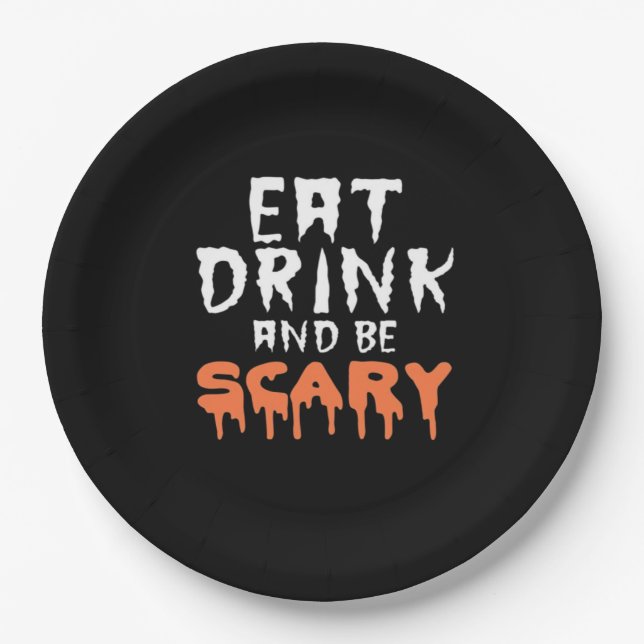 Eat Drink And Be Scary Funny Halloween Minimal Cle Paper Plate (Front)