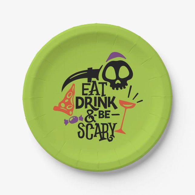 Eat Drink and Be Scary Green Halloween Party Paper Plate (Front)