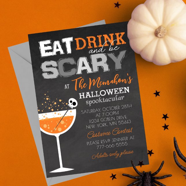 Eat Drink and Be Scary Halloween Adult Party Invitation (Eat Drink and Be Scary Elegant Adult Chalkboard Halloween Invitations. Available Digital or Printed)