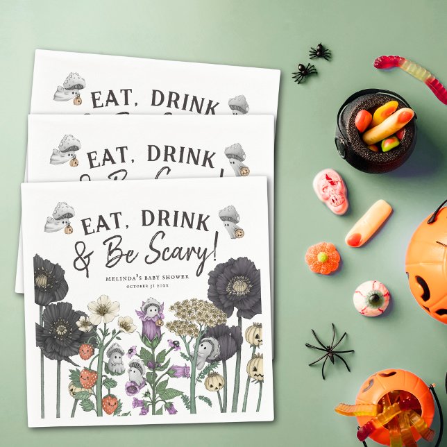 Eat Drink and Be Scary Halloween Baby Shower Napkin (Eat, drink and be scary Halloween baby shower party paper napkins with flowers and mushroom ghosts.)