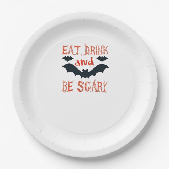 Eat Drink And Be Scary Halloween Bats Party Hallow Paper Plate (Front)