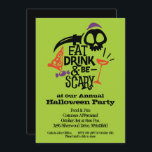 Eat Drink and Be Scary Halloween Invitation<br><div class="desc">Eat, Drink and Be Scary is printed in fun typography with a wine glass, skull, scary knife, pizza and candy, ready to PERSONALIZE with your party details. CHANGE the lime green background colour to fit your Halloween decorating theme. Available as printed invitations and instant download to print yourself or to...</div>