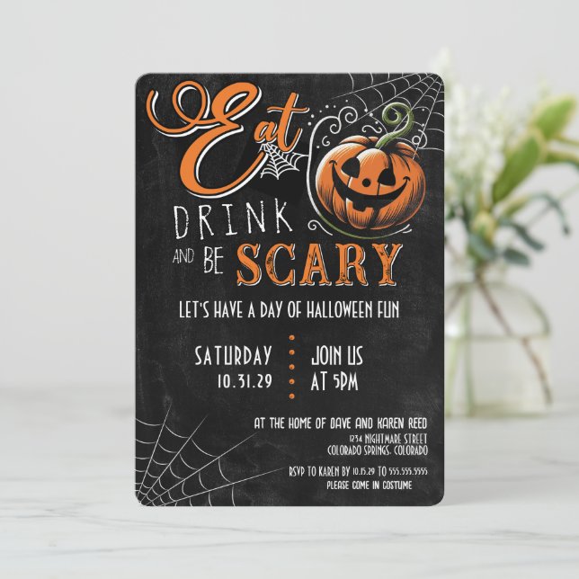 Eat, Drink, and Be Scary Halloween Party Invitation (Standing Front)