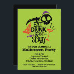 Eat Drink and Be Scary Halloween Party Invitations<br><div class="desc">Eat, Drink and Be Scary is printed in fun typography with a wine glass, skull, scary knife, pizza and candy, ready to PERSONALIZE with your party details. CHANGE the lime green background colour to fit your Halloween decorating theme. For thicker papers, consider the Matte Paper. MATCHING items in our store....</div>