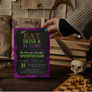 Eat Drink and Be Scary Purple Halloween Invitation