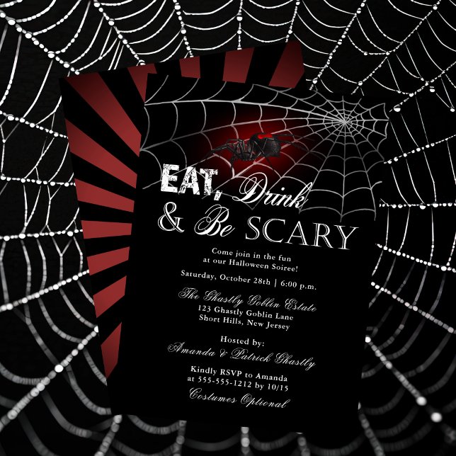 Eat Drink and Be Scary Spider Halloween Party Invitation ("Eat Drink and Be Scary" Spider and Web Halloween Soiree Invitation )