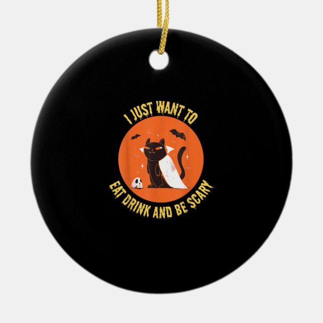 Eat Drink And Be Scary Spooky Cat Halloween Ceramic Tree Decoration (Front)