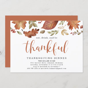 Eat, Drink, and Be Thankful Leaves Thanksgiving Invitation