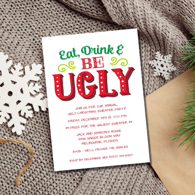 Eat, Drink and Be Ugly Christmas Sweater Party Invitation (Eat, Drink and Be Ugly Christmas Sweater Party Invitation)