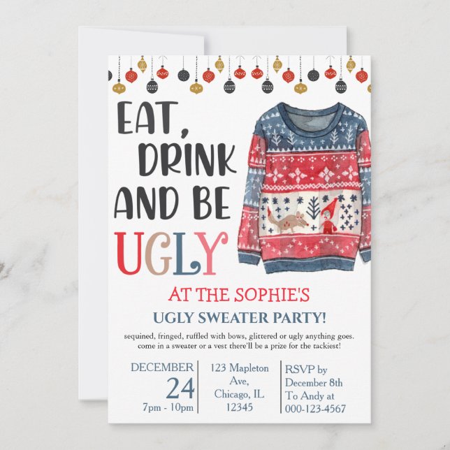 Eat Drink and Be Ugly Sweater Christmas Party Invitation (Front)