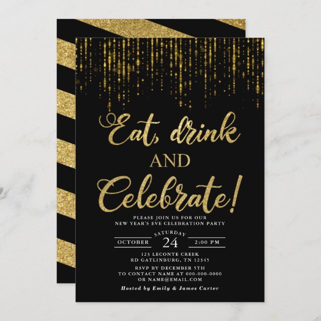 Eat Drink and Celebrate New Year's Eve Party Invit Invitation (Front/Back)