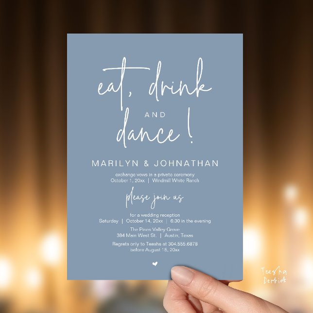 Eat, Drink and Dance, Modern Wedding Reception Invitation (Eat, Drink and Dance, Modern Wedding Reception Dinner Party Invitation Card in dusty blue)