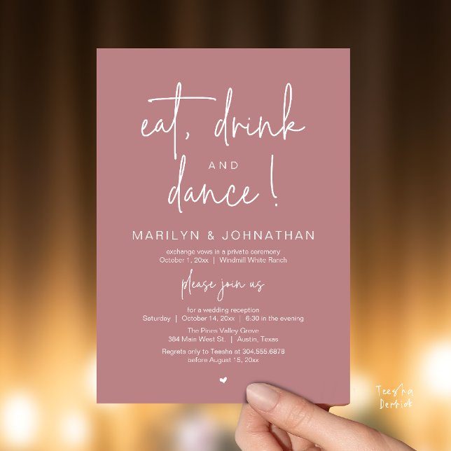 Eat, Drink and Dance, Modern Wedding Reception Invitation (Eat, Drink and Dance, Modern Wedding Reception Dinner Party Invitation Card in dusty rose pink)