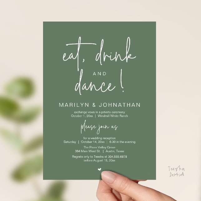 Eat, Drink and Dance, Modern Wedding Reception Invitation (Eat, Drink and Dance, Modern Wedding Reception Dinner Party Invitation Card in sage green)