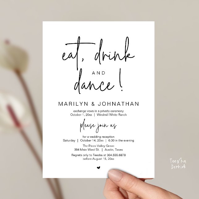 Eat, Drink and Dance, Modern Wedding Reception Invitation (Eat, Drink and Dance, Modern Wedding Reception Dinner Party Invitation Card in Black and White)