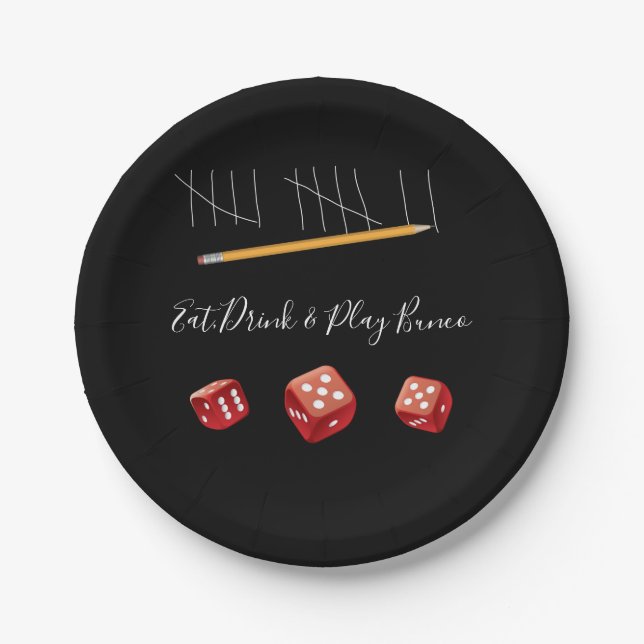 Eat, Drink and Play Bunco Red Black Paper Plate (Front)