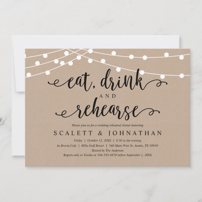 Eat, Drink and Rehearse, Rustic Rehearsal Dinner Invitation (Front)