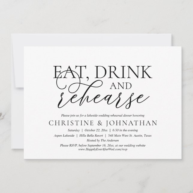 Eat, Drink and Rehearse, Wedding Rehearsal Party Invitation (Front)